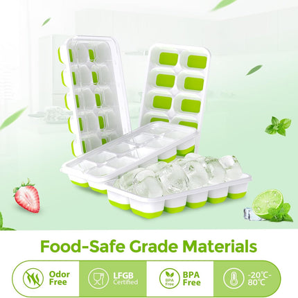 Ice Cube Tray with Lids - 4 Pack Stackable Silicone Trays for Freezer, BPA & LFGB Safe, Easy Release Kitchen, RV, Cocktail, Coffee, Soup Food Green 7.2"*4.1"*1.3"