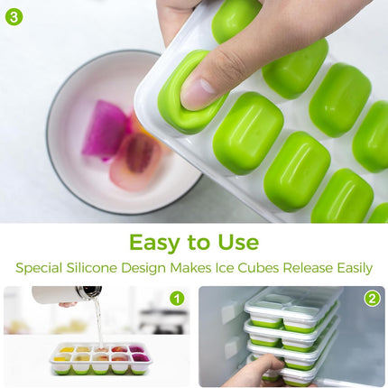 Ice Cube Tray with Lids - 4 Pack Stackable Silicone Trays for Freezer, BPA & LFGB Safe, Easy Release Kitchen, RV, Cocktail, Coffee, Soup Food Green 7.2"*4.1"*1.3"
