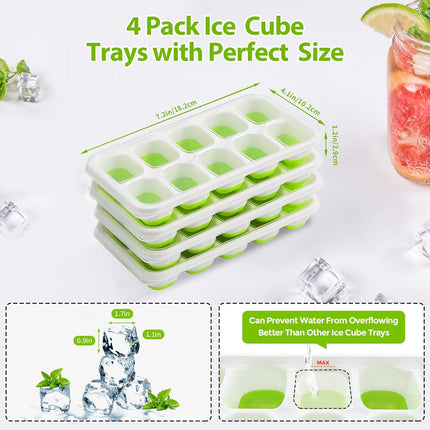 Ice Cube Tray with Lids - 4 Pack Stackable Silicone Trays for Freezer, BPA & LFGB Safe, Easy Release Kitchen, RV, Cocktail, Coffee, Soup Food Green 7.2"*4.1"*1.3"