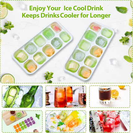 Ice Cube Tray with Lids - 4 Pack Stackable Silicone Trays for Freezer, BPA & LFGB Safe, Easy Release Kitchen, RV, Cocktail, Coffee, Soup Food Green 7.2"*4.1"*1.3"