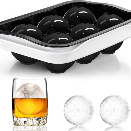 Round Ice Cube Mold with Lid - 2.2 Inch Sphere Ball Maker, Large Whiskey Cubes Easy Release, Reusable Silicone & Plastic Tray for Bourbon, Scotch, Brandy, Cocktails, Gift Black&White