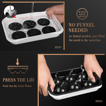 Round Ice Cube Mold with Lid - 2.2 Inch Sphere Ball Maker, Large Whiskey Cubes Easy Release, Reusable Silicone & Plastic Tray for Bourbon, Scotch, Brandy, Cocktails, Gift Black&White
