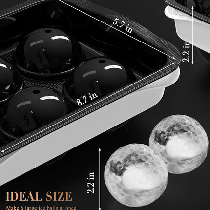 Round Ice Cube Mold with Lid - 2.2 Inch Sphere Ball Maker, Large Whiskey Cubes Easy Release, Reusable Silicone & Plastic Tray for Bourbon, Scotch, Brandy, Cocktails, Gift Black&White