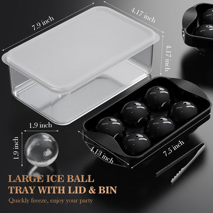 Whiskey Ice Cubes Mold 2 Pack - Round Cube & Ball Maker Set with Storage Bin, Trays Lid, Tongs for Bourbon Cocktails, Gifts Lover