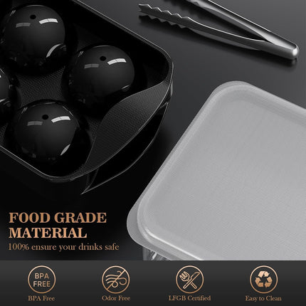 Whiskey Ice Cubes Mold 2 Pack - Round Cube & Ball Maker Set with Storage Bin, Trays Lid, Tongs for Bourbon Cocktails, Gifts Lover