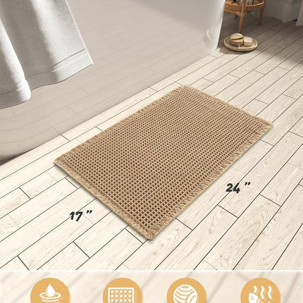 Upgraded Waffle Bath Mat, Super Absorbent Non Slip Mats for Bathroom Floor, Machine Washable Rugs with Tassels, Rubber Backed Mats, Ultra Soft, 17" x 24", Brown 1'5" 2' (Rectangular)