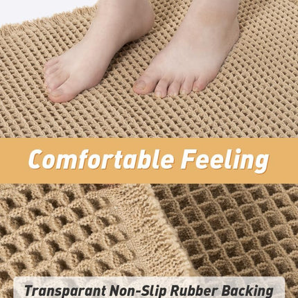 Upgraded Waffle Bath Mat, Super Absorbent Non Slip Mats for Bathroom Floor, Machine Washable Rugs with Tassels, Rubber Backed Mats, Ultra Soft, 17" x 24", Brown 1'5" 2' (Rectangular)