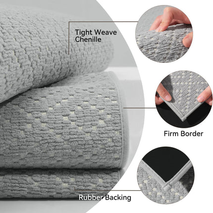 Thin Bath Mat, Super Absorbent Mats for Bathroom, Quick Dry Rubber Backed Rug Non Slip, Chenille Surface Bathroom Rugs Fit Under Door,Low Pile Shower Rug,Grey,17" x 28" Grey 17"