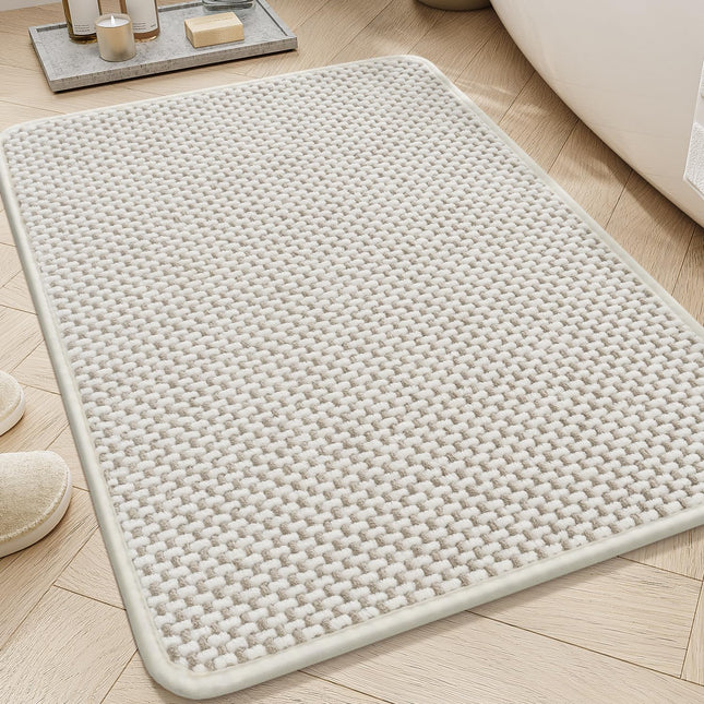 Chenille Bath Mat Super Absorbent Bathroom Quick Dry Mats for Rubber Backed Rugs Non Slip in White / Beige