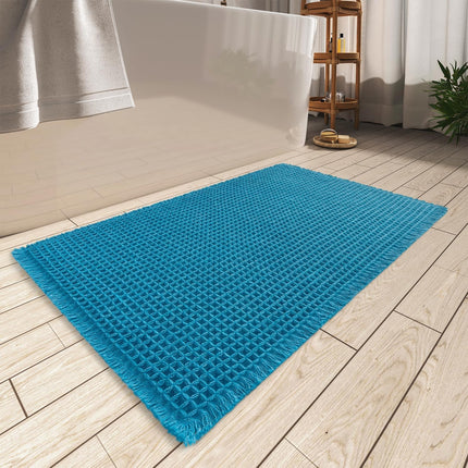 Upgraded Waffle Bath Mat, Super Absorbent Non Slip Mats for Bathroom Floor, Machine Washable Rugs with Tassels, Rubber Backed Mats, Ultra Soft, 18" x 30", Teal -