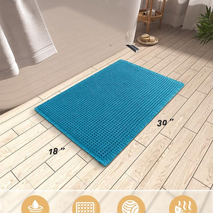 Upgraded Waffle Bath Mat, Super Absorbent Non Slip Mats for Bathroom Floor, Machine Washable Rugs with Tassels, Rubber Backed Mats, Ultra Soft, 18" x 30", Teal -