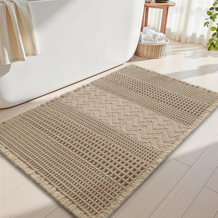 Waffle Bath-Mat, Super Absorbent Bath Mats for Bathroom, Boho Bathroom Rugs Non Slip Washable, Ultra Soft Bathroom-Mat with Tassels Floor Mat, 20" X 32" Brown Brwon 20"x32"