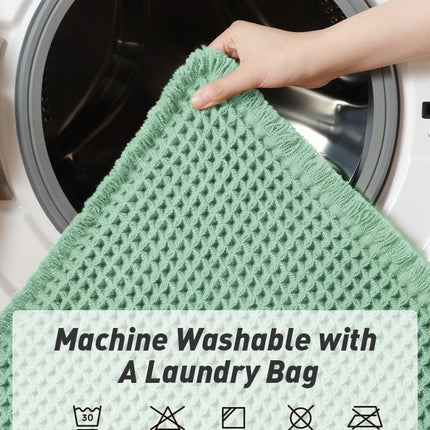 Upgraded Waffle Bath Mat, Super Absorbent Non Slip Mats for Bathroom Floor, Machine Washable Rugs with Tassels, Rubber Backed Mats, Ultra Soft, 17" x 24", Sage -