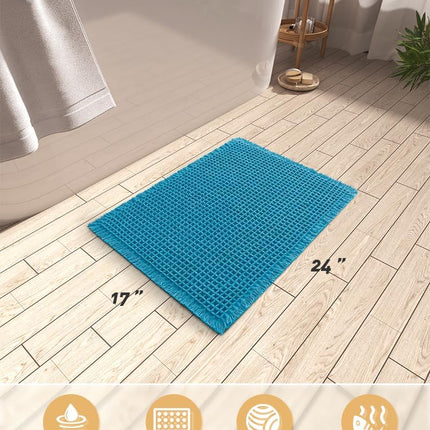 Upgraded Waffle Bath Mat, Super Absorbent Non Slip Mats for Bathroom Floor, Machine Washable Rugs with Tassels, Rubber Backed Mats, Ultra Soft, 17" x 24", Teal -