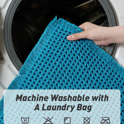 Upgraded Waffle Bath Mat, Super Absorbent Non Slip Mats for Bathroom Floor, Machine Washable Rugs with Tassels, Rubber Backed Mats, Ultra Soft, 17" x 24", Teal -