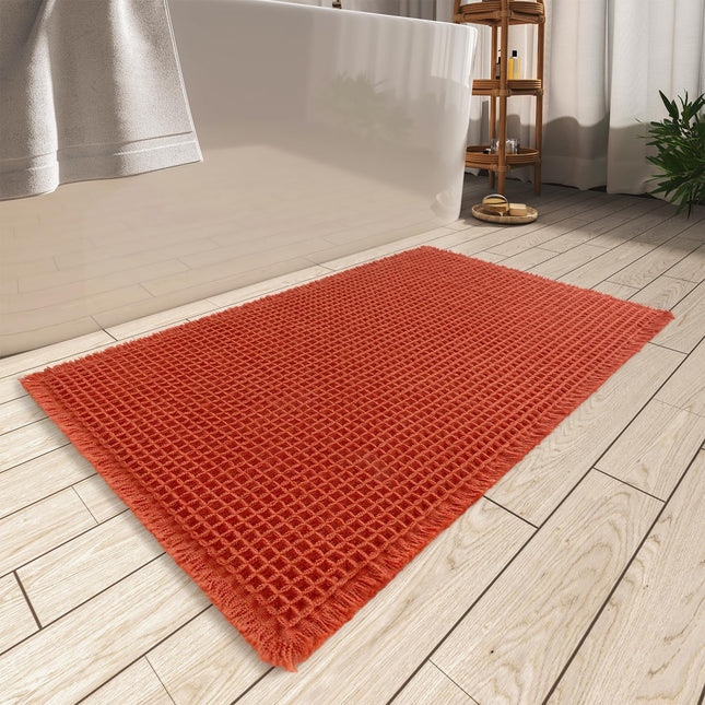 Upgraded Waffle Bath Mat Super Absorbent Non Slip Mats for Bathroom Floor Machine Washable Rugs in Orange