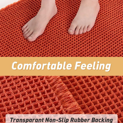 Upgraded Waffle Bath Mat, Super Absorbent Non Slip Mats for Bathroom Floor, Machine Washable Rugs with Tassels, Rubber Backed Mats, Ultra Soft, 18" x 30", Orange -
