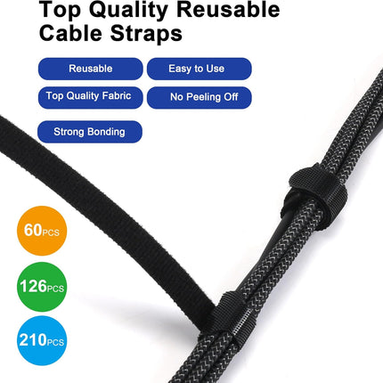 Reusable Cable Ties, 126 PCS 6 Inches Adjustable Cord Straps Wire Organizer Wrap and Hook Loop Management -