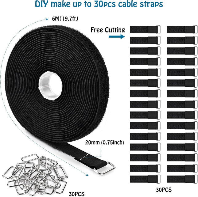 0.75 x19.7ft Hook and Loop Straps with 30 Buckles Adjustable Cut-to-Length Cable – product detail