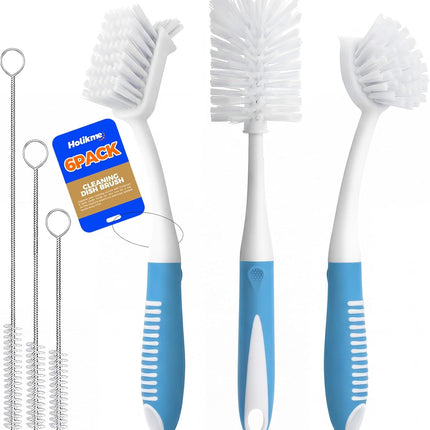 6 Pack Dish Brush Set with Bottle Brush, Scrub Pan and 3 Straw Brushes, Deep Cleaning Handle Scraper Tip for Kitchen Sink Dishes Cup Pot Pans (Blue) -