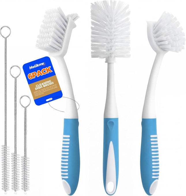 6 Pack Dish Brush Set with Bottle Brush Scrub Pan and 3 Straw Brushes Deep Cleaning Handle Scraper Tip for