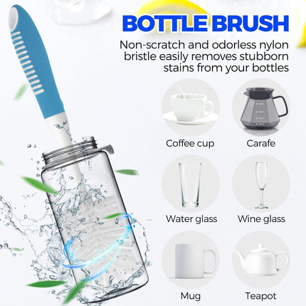 6 Pack Dish Brush Set with Bottle Brush, Scrub Pan and 3 Straw Brushes, Deep Cleaning Handle Scraper Tip for Kitchen Sink Dishes Cup Pot Pans (Blue) -