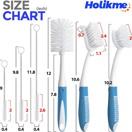 6 Pack Dish Brush Set with Bottle Brush, Scrub Pan and 3 Straw Brushes, Deep Cleaning Handle Scraper Tip for Kitchen Sink Dishes Cup Pot Pans (Blue) -