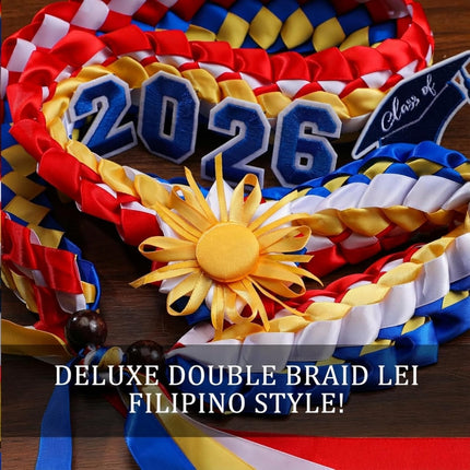 50" Graduation Leis Class of 2026 Ribbon Lei Double Braided Handmade Congrats Graduates Money with Satin Flower for Mexican Puerto Rico El Salvador Philippines Grad Gifts Red, Blue, Gold