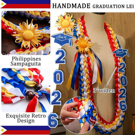 50" Graduation Leis Class of 2026 Ribbon Lei Double Braided Handmade Congrats Graduates Money with Satin Flower for Mexican Puerto Rico El Salvador Philippines Grad Gifts Red, Blue, Gold