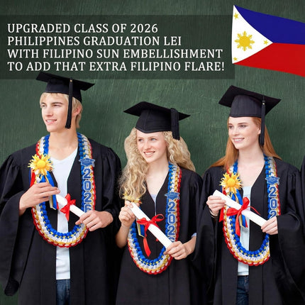 50" Graduation Leis Class of 2026 Ribbon Lei Double Braided Handmade Congrats Graduates Money with Satin Flower for Mexican Puerto Rico El Salvador Philippines Grad Gifts Red, Blue, Gold