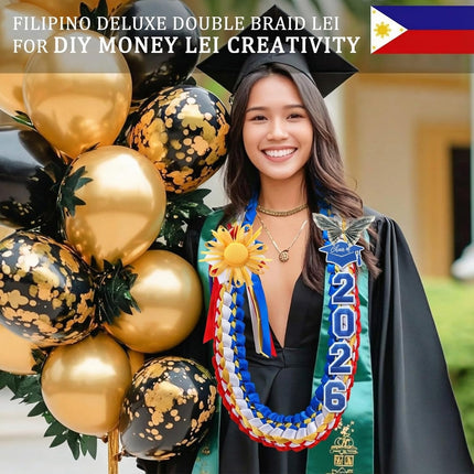 50" Graduation Leis Class of 2026 Ribbon Lei Double Braided Handmade Congrats Graduates Money with Satin Flower for Mexican Puerto Rico El Salvador Philippines Grad Gifts Red, Blue, Gold