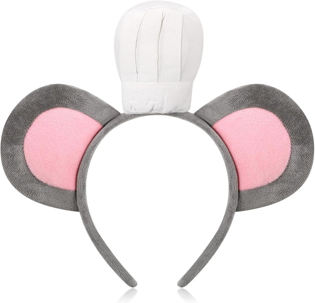 Mouse Headband with Chef Hat Cartoon Costume for Cosplay 100th Day of School Party Decoration Gray in Grey