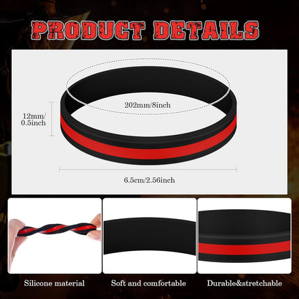50 Pcs Red Thin Line Bracelets Rubber Firefighter Awareness Support Silicone Wristband for Men Women Holiday Patriotic Fundraisers Funeral Gifts Supply -