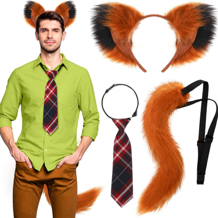3 Pcs Fox Cosplay Costume Includes Necktie, Ears Headband, and Tail for Halloween Party Adult Accessories -