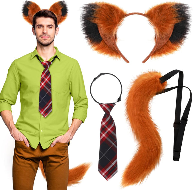 3 Pcs Fox Cosplay Costume Includes Necktie Ears Headband and Tail for Halloween Party Adult Accessories