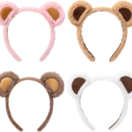 4 Pcs Bear Ears Headbands Bulk for Adults Kids Plush Animal Fluffy Cute Hair Hoops Accessories Birthday Party Cosplay Dress up Makeup Washing Face Women Valentine Girls -