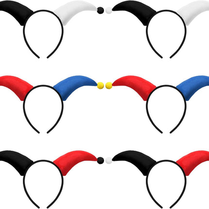 6 Pcs Clown Headband Soft Headbands for Mardi Gras Parties Carnival Circus Events Durable Reusable Hairband Black, Red, Blue, White -