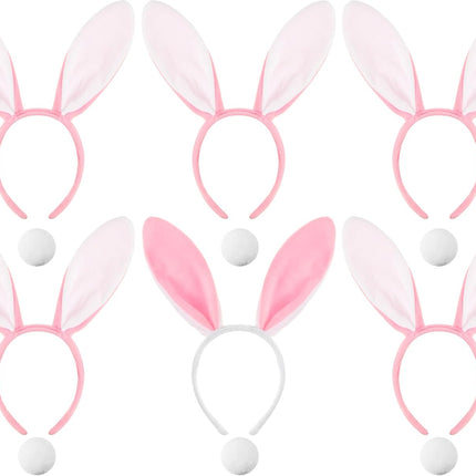 6 Sets Easter Bunny Ears Headbands and Tail, Long Furry Plush Rabbit Ear Headband for Bachelorette Wedding Cosplay White -