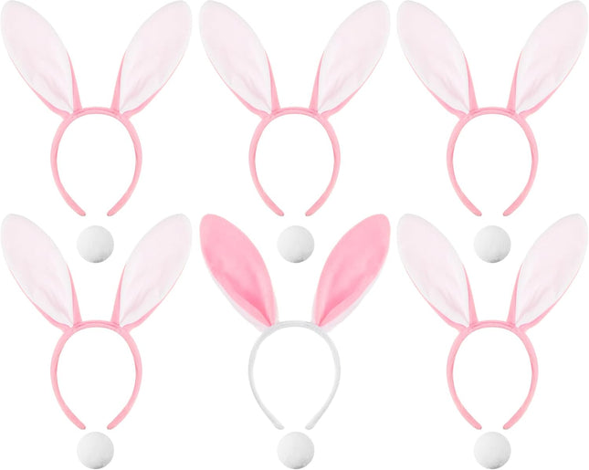 6 Sets Easter Bunny Ears Headbands and Tail Long Furry Plush Rabbit Ear Headband for Bachelorette Wedding