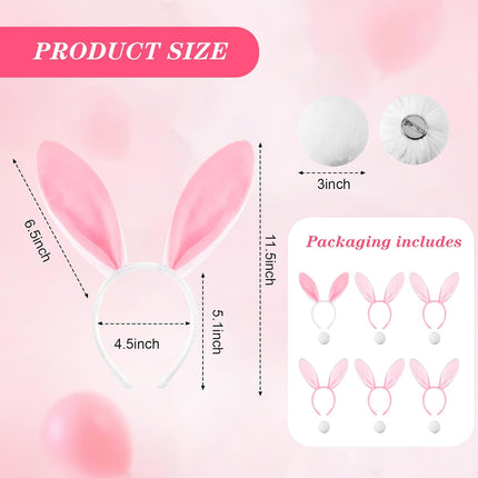6 Sets Easter Bunny Ears Headbands and Tail, Long Furry Plush Rabbit Ear Headband for Bachelorette Wedding Cosplay White -
