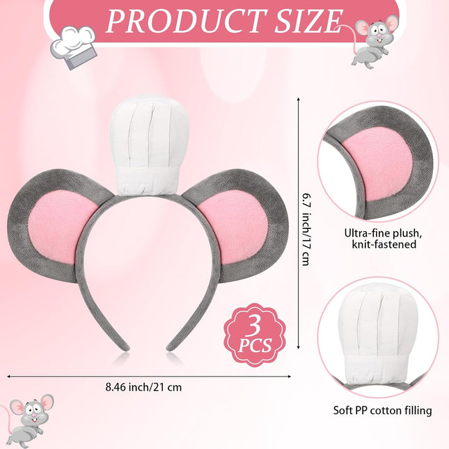 3 Pcs Mouse Headband with Chef Hat Cartoon Costume for Halloween Cosplay Party Decoration – product detail