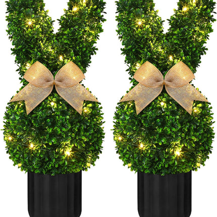 2 Sets Easter Bunny Topiary Tree Artificial Rabbit Outdoor Decorations 23.6 in Bunny-Shaped Faux Boxwood Plant with String Lights for Garden Home Indoor Porch Decor -