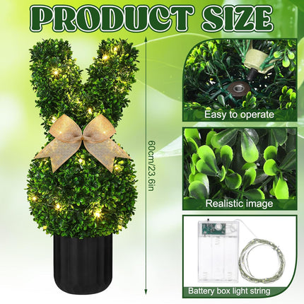 2 Sets Easter Bunny Topiary Tree Artificial Rabbit Outdoor Decorations 23.6 in Bunny-Shaped Faux Boxwood Plant with String Lights for Garden Home Indoor Porch Decor -