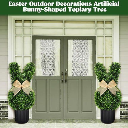 2 Sets Easter Bunny Topiary Tree Artificial Rabbit Outdoor Decorations 23.6 in Bunny-Shaped Faux Boxwood Plant with String Lights for Garden Home Indoor Porch Decor -