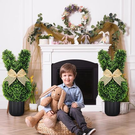 2 Sets Easter Bunny Topiary Tree Artificial Rabbit Outdoor Decorations 23.6 in Bunny-Shaped Faux Boxwood Plant with String Lights for Garden Home Indoor Porch Decor -