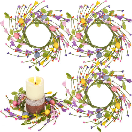 4 Pcs Easter Egg Candle Rings Table Centerpieces Spring Wreath Decorations Artificial Berry Forsythia Flowers Cabinet for Home Kitchen Door Decor -