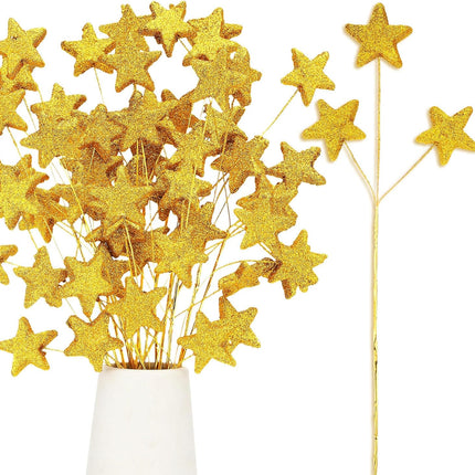24 Pcs Glitter Star Picks 13.8'' Sparkly Stem Decoration Foam Vase Sticks Centerpiece Table Craft Filler for Wreath Birthday Wedding Bridal Shower Arrangement(Gold) Gold -