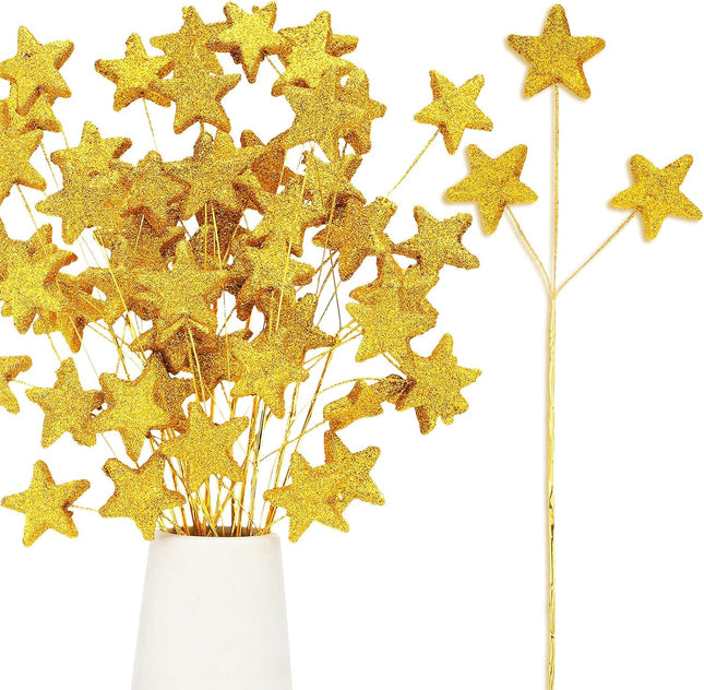 24 Pcs Glitter Star Picks 13.8'' Sparkly Stem Decoration Foam Vase Sticks Centerpiece Table Craft in Gold