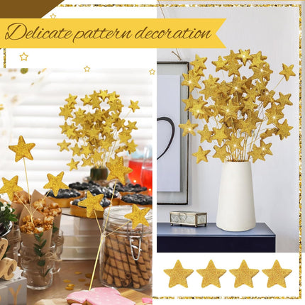 24 Pcs Glitter Star Picks 13.8'' Sparkly Stem Decoration Foam Vase Sticks Centerpiece Table Craft Filler for Wreath Birthday Wedding Bridal Shower Arrangement(Gold) Gold -