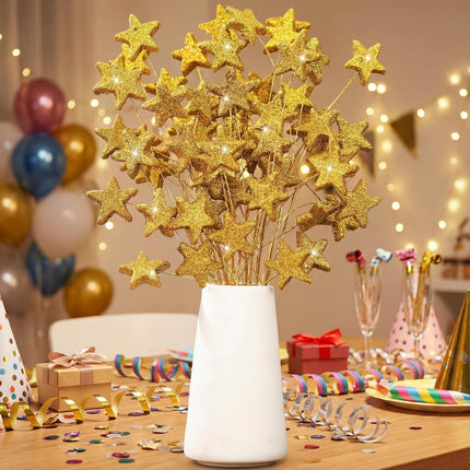 24 Pcs Glitter Star Picks 13.8'' Sparkly Stem Decoration Foam Vase Sticks Centerpiece Table Craft Filler for Wreath Birthday Wedding Bridal Shower Arrangement(Gold) Gold -